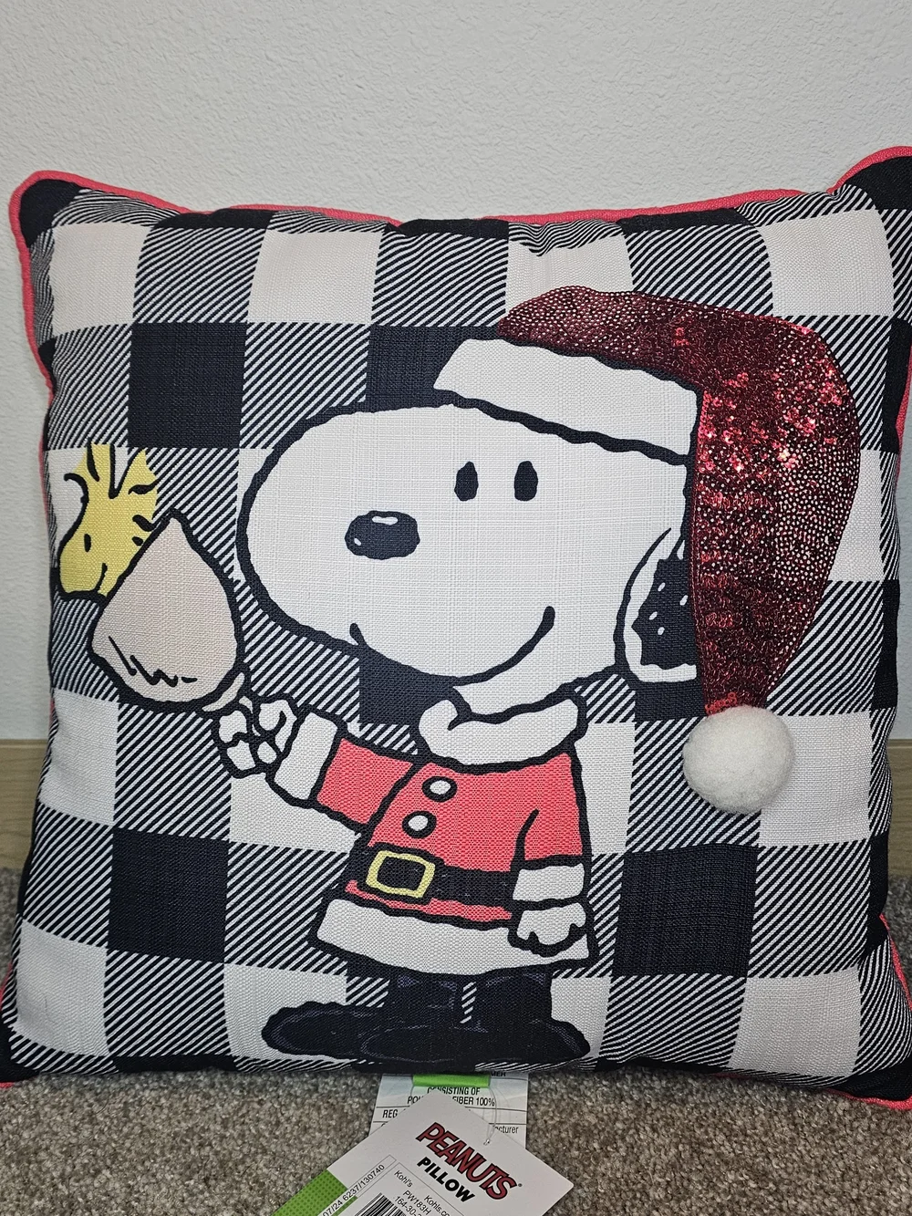 Peanuts Snoopy Holiday Pillow with Glitter Santa Hat - Black, White, Red, Yellow